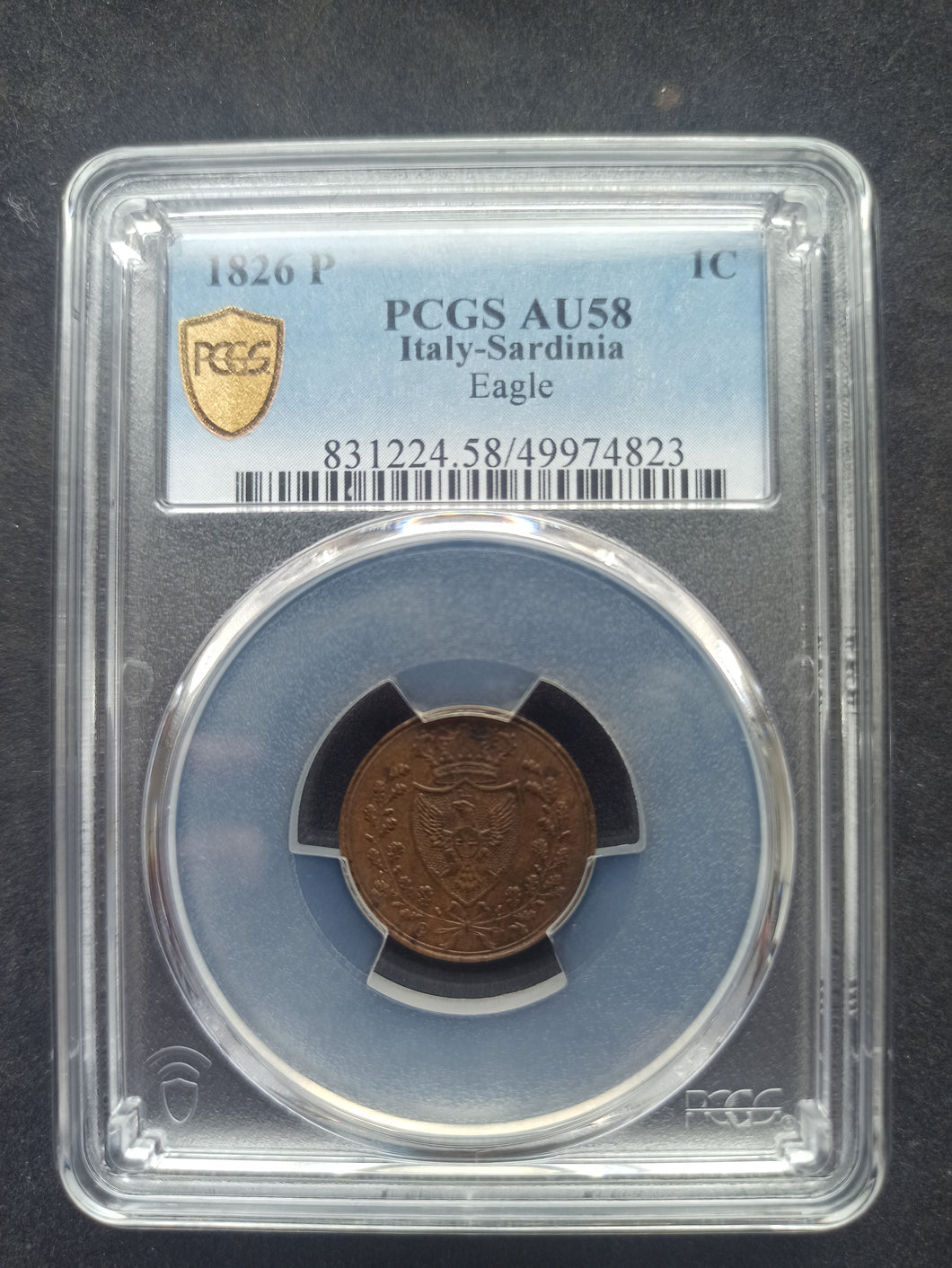 Italy : Sardinia : 1 Centesimo 1826 P ; PCGS : AU 58