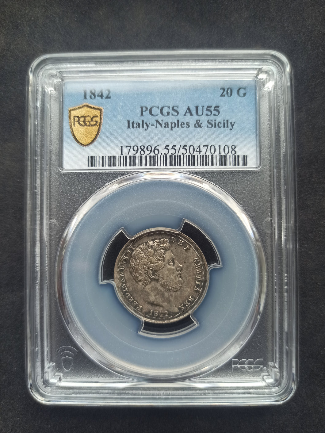 Italy : Naples & Sicily : 20 Grana 1842 ; PCGS : AU 55