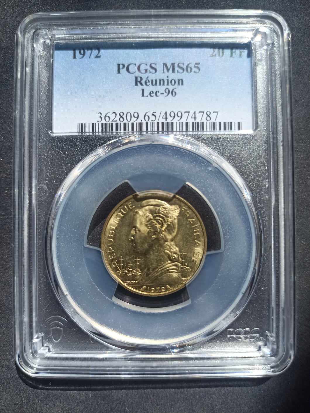 Réunion : 20 Francs 1972 ; PCGS : MS 65