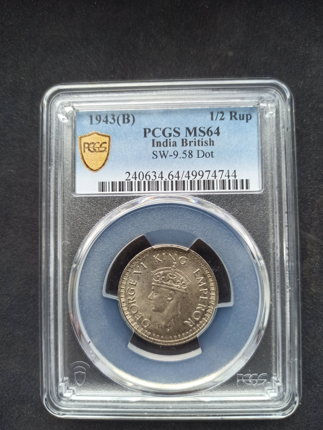 India British : Half Rupee 1943 ; PCGS : MS 64