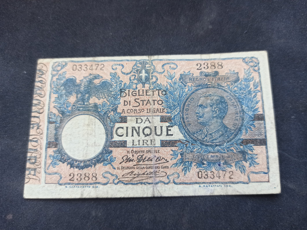 Italie : 5 Lire 1904 (1914) (Ref 3089)