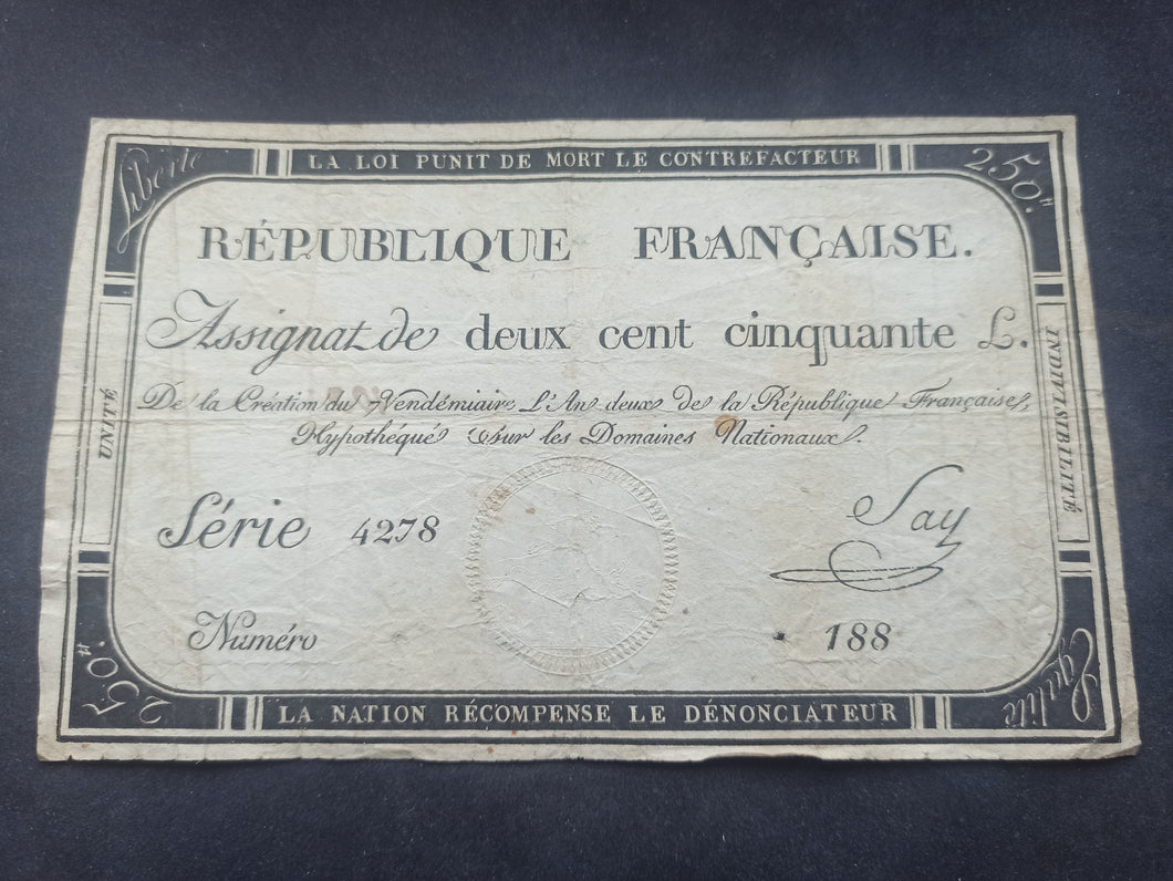 Assignat 250 Livres 7 Vendémiaire An 2 (Ref 3120)