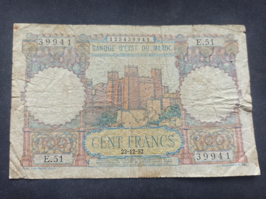 Maroc : 100 Francs (22-12-1952) (Ref 3137)
