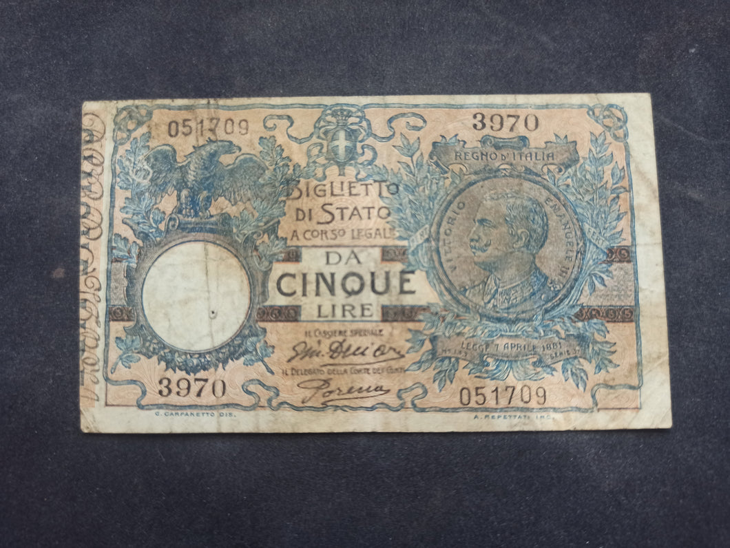 Italie : 5 Lire 1904 (1918) p 23e (Ref 3164)