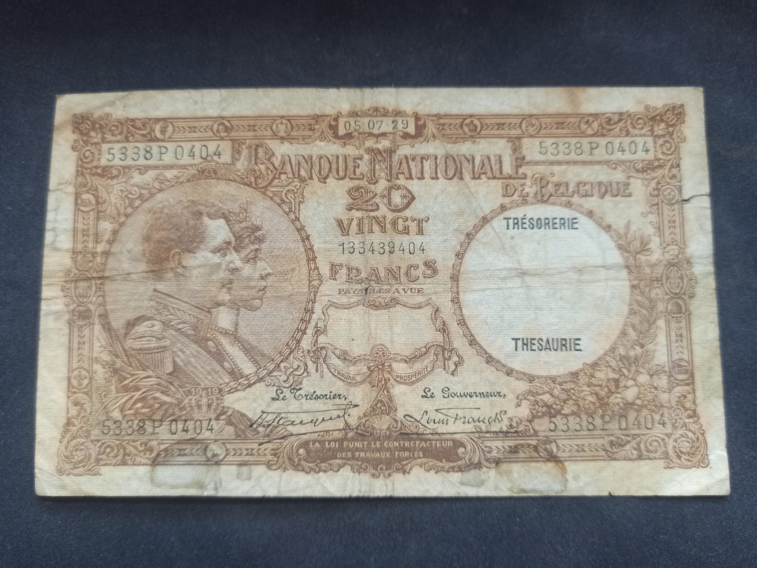 Belgique : 20 Francs 1929 P 98b (Ref 3159)