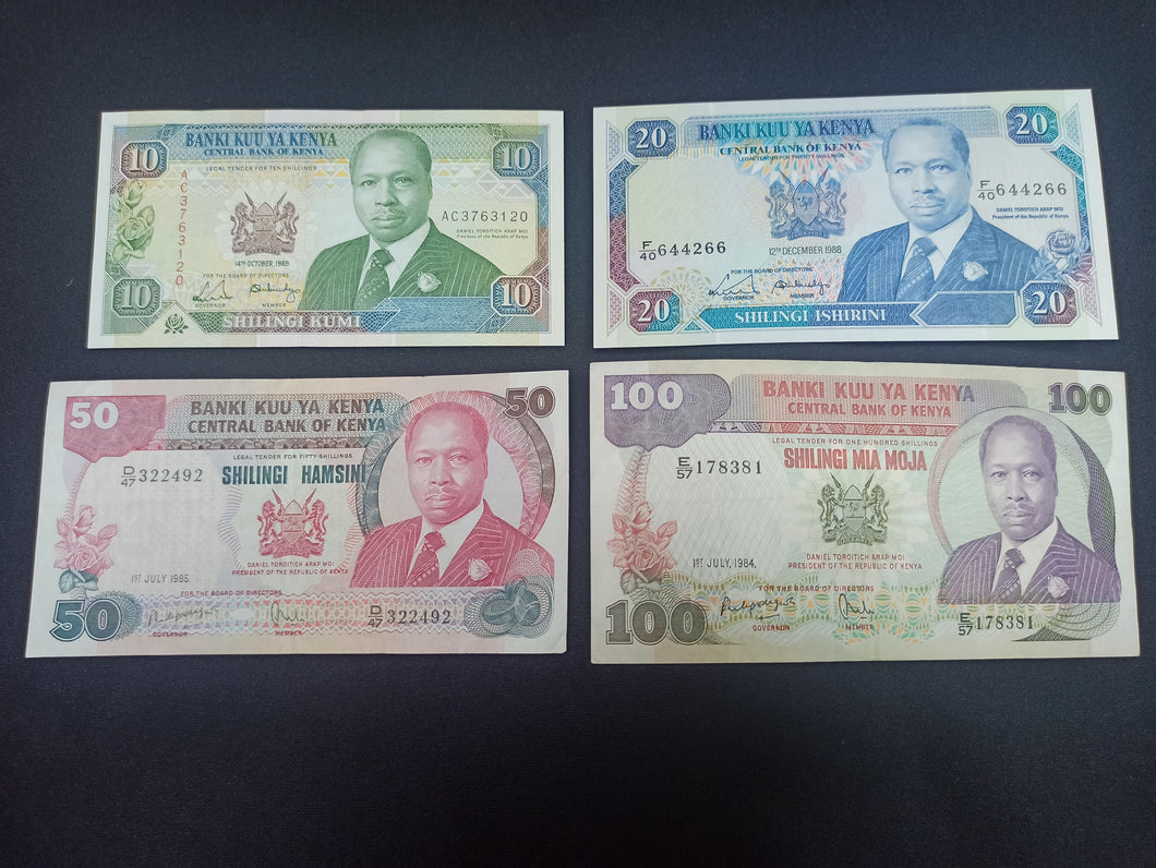 Kenya :  Lot 10 / 20 / 50 / 100 Shillings 1984 / 89 (Ref 3186)