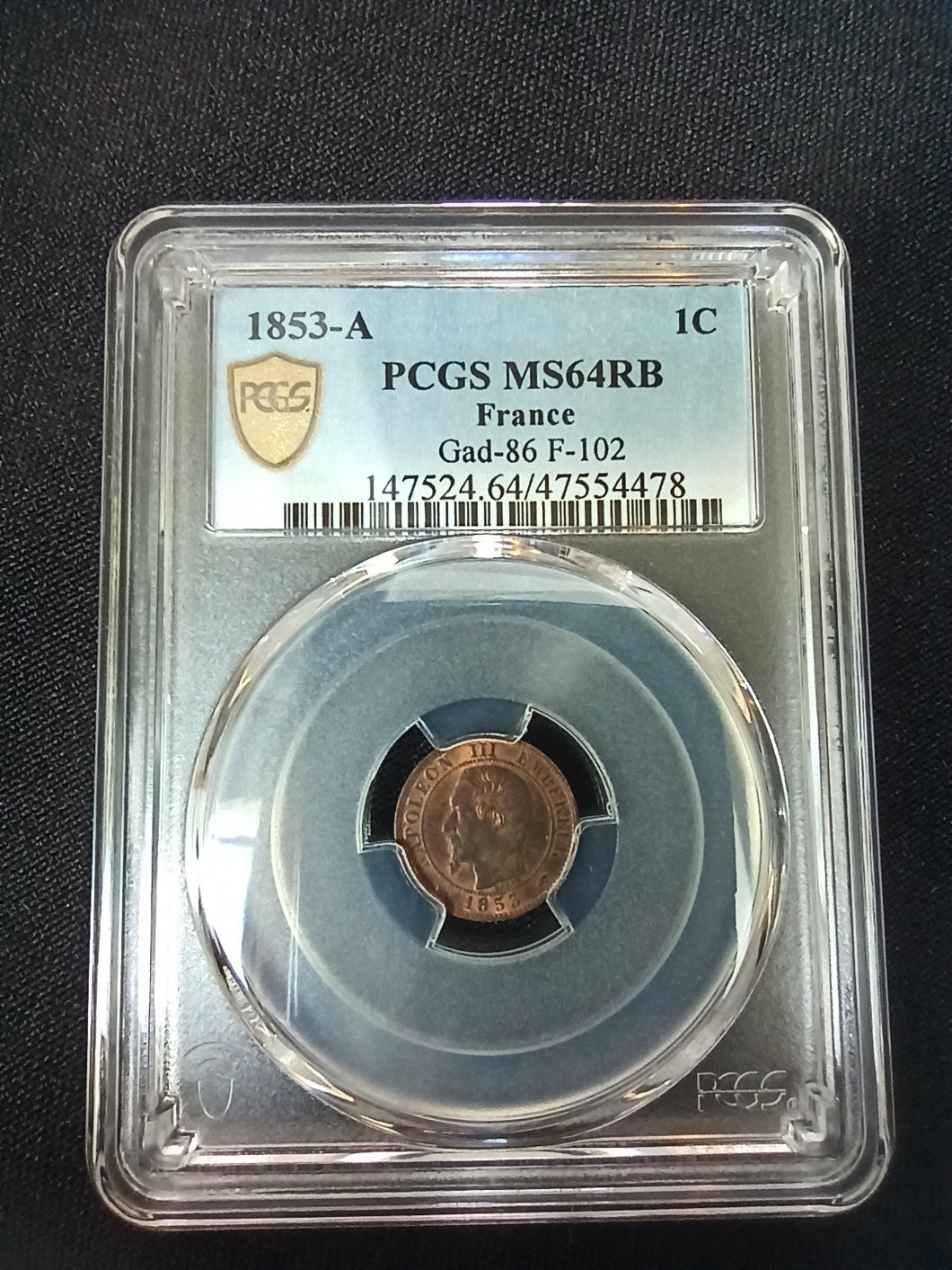 Un Centime 1853 A Napoleon III ; PCGS : MS 64