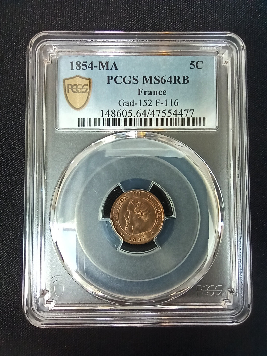 Un Centime 1854 MA Napoleon III ; PCGS : MS 64