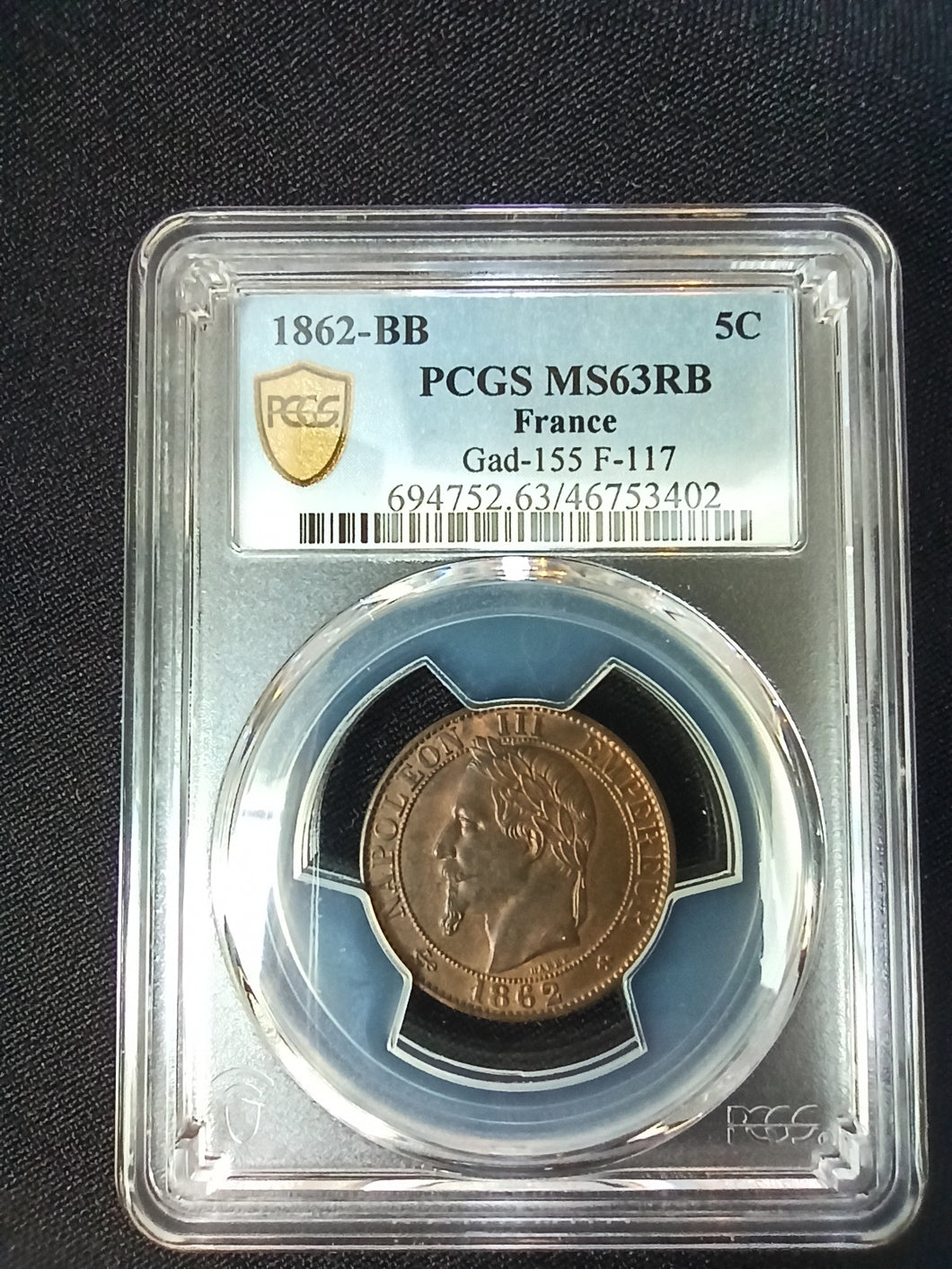 5 Centimes 1862 BB Napoleon III ; PCGS : MS 63