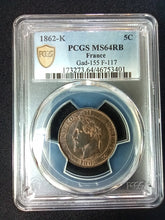 Charger l&#39;image dans la galerie, 5 Centimes 1862 K Napoleon III ; PCGS : MS 64
