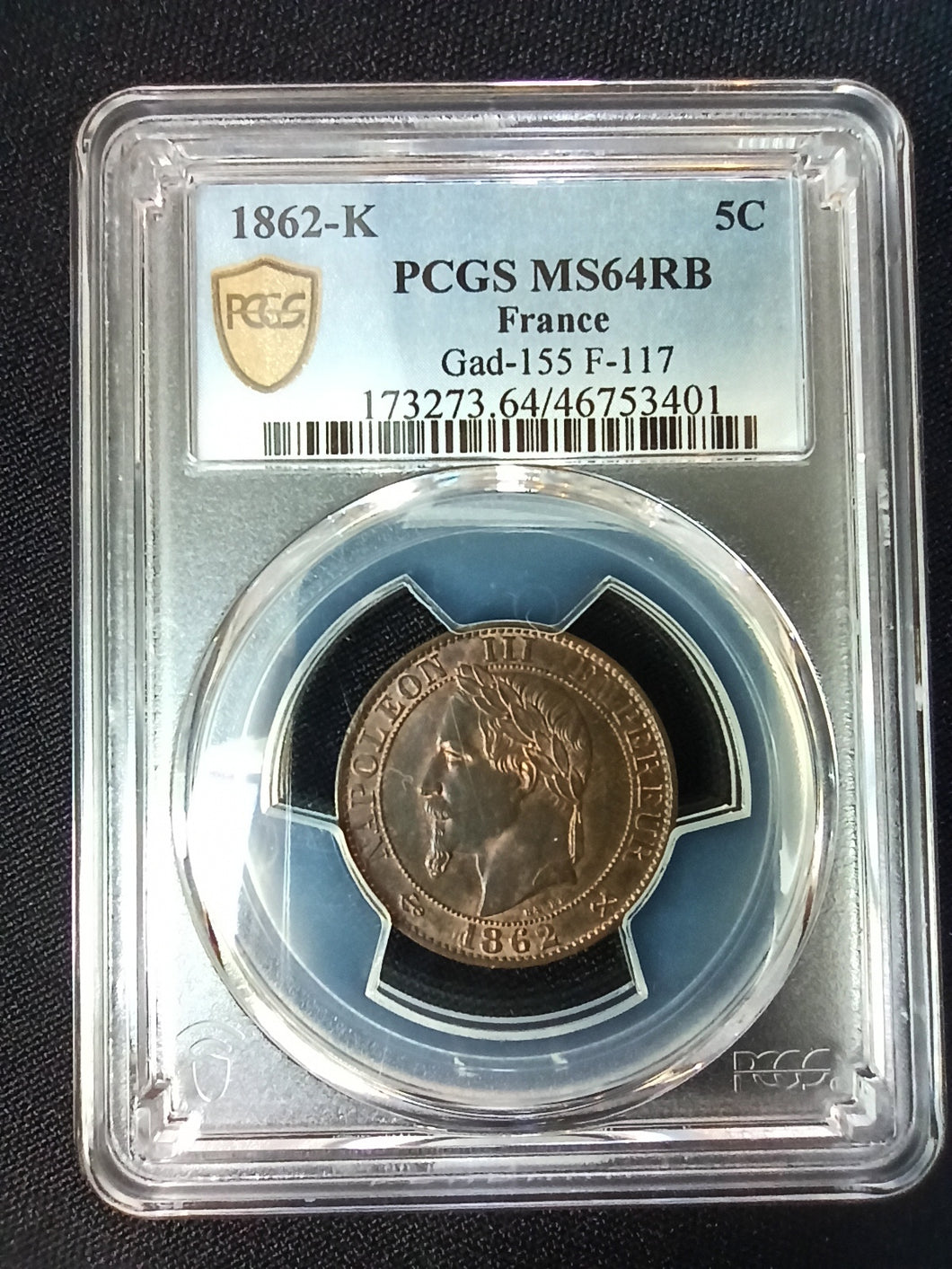 5 Centimes 1862 K Napoleon III ; PCGS : MS 64