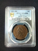 Charger l&#39;image dans la galerie, 10 Centimes 1861 BB Napoleon III Tête Laurée ; PCGS : MS 62
