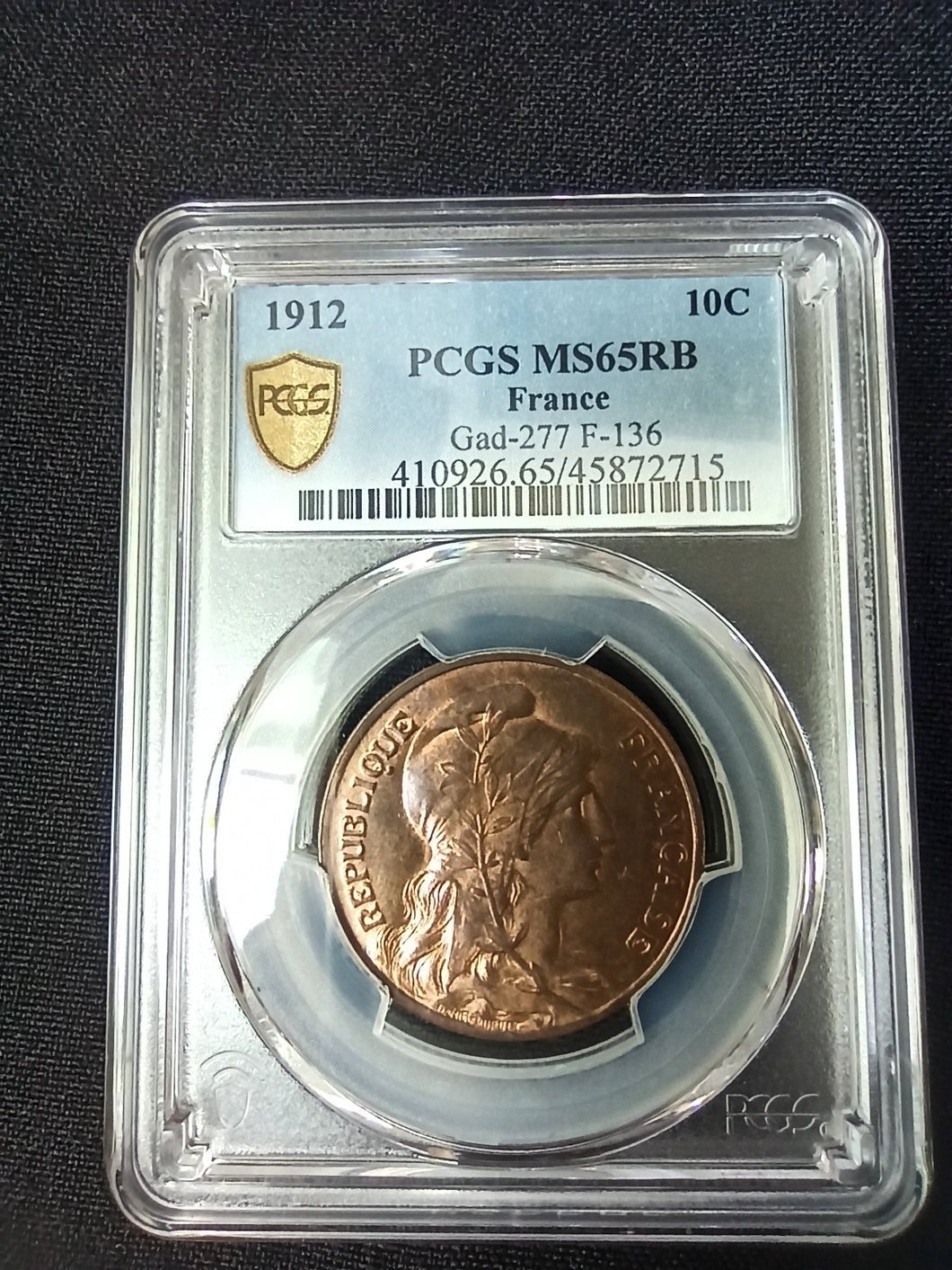 France : 10 Centimes 1912 Dupuis ; PCGS : MS 65