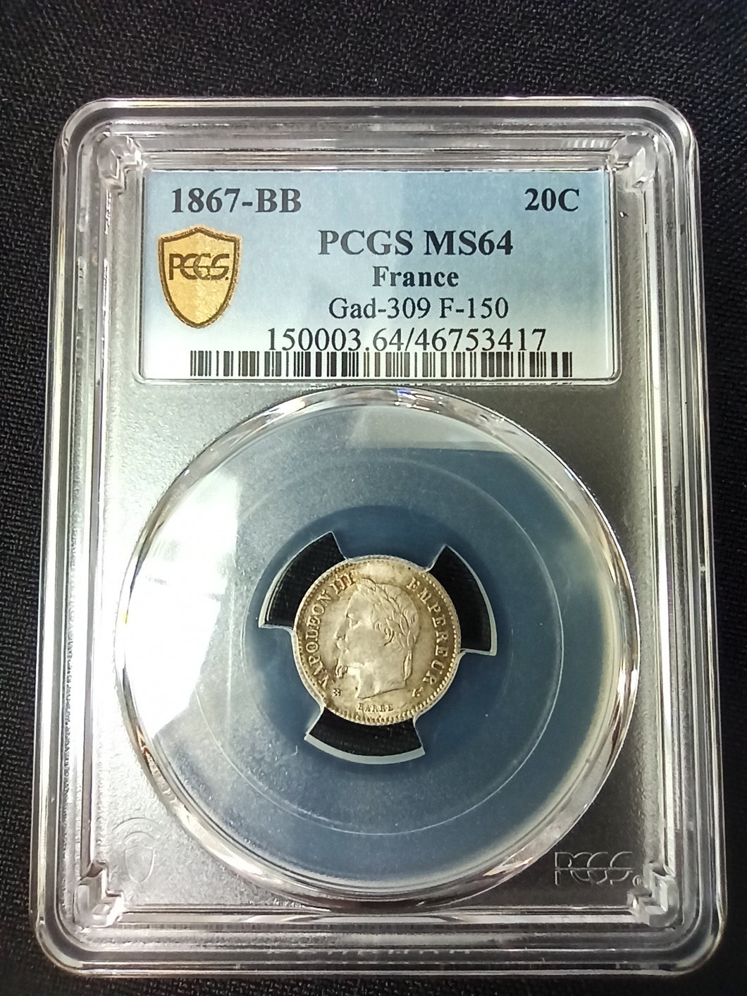 20 Centimes 1867 BB Napoleon III Tête Laurée ; PCGS : MS 64