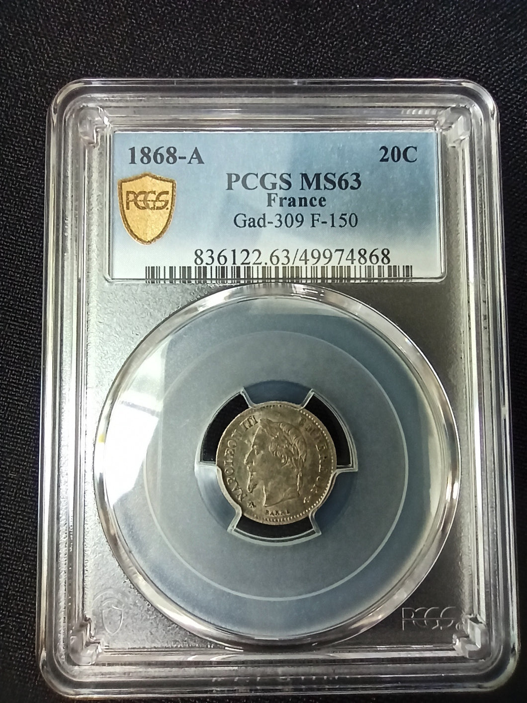20 Centimes 1868 A Napoleon III Tête Laurée ; PCGS : MS 63