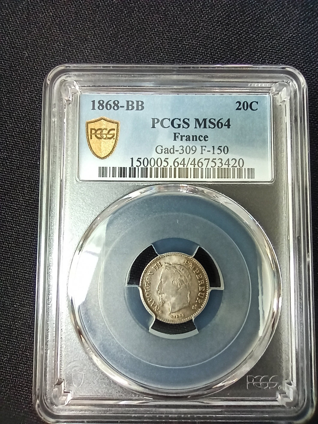 20 Centimes 1868 BB Napoleon III Tête Laurée ; PCGS : MS 64