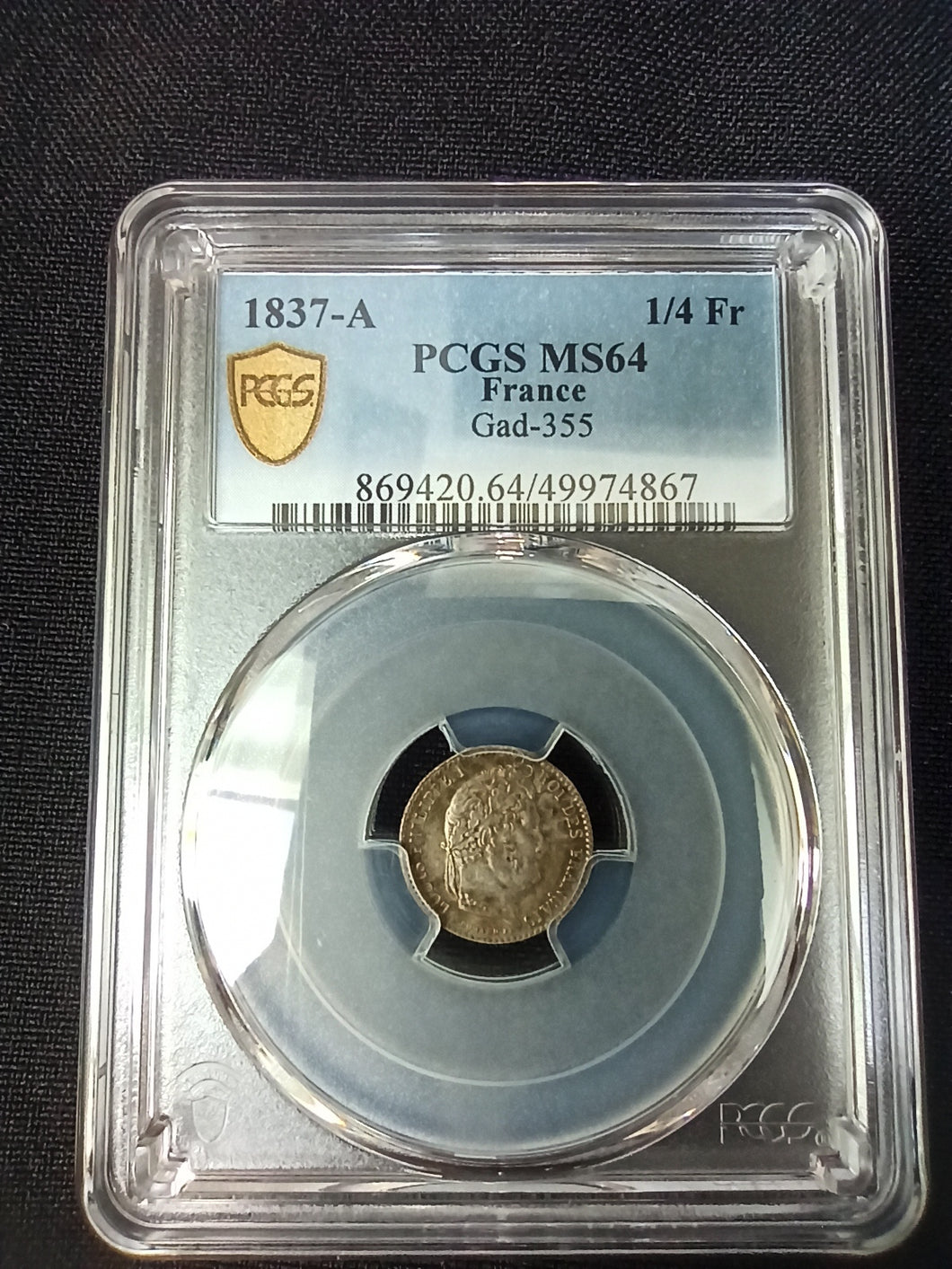 France : 1/4 Franc 1837 A Louis Philippe  ; PCGS : MS 64