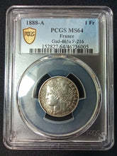 Charger l&#39;image dans la galerie, 1 Franc Cérès 1888 A ; PCGS : MS 64
