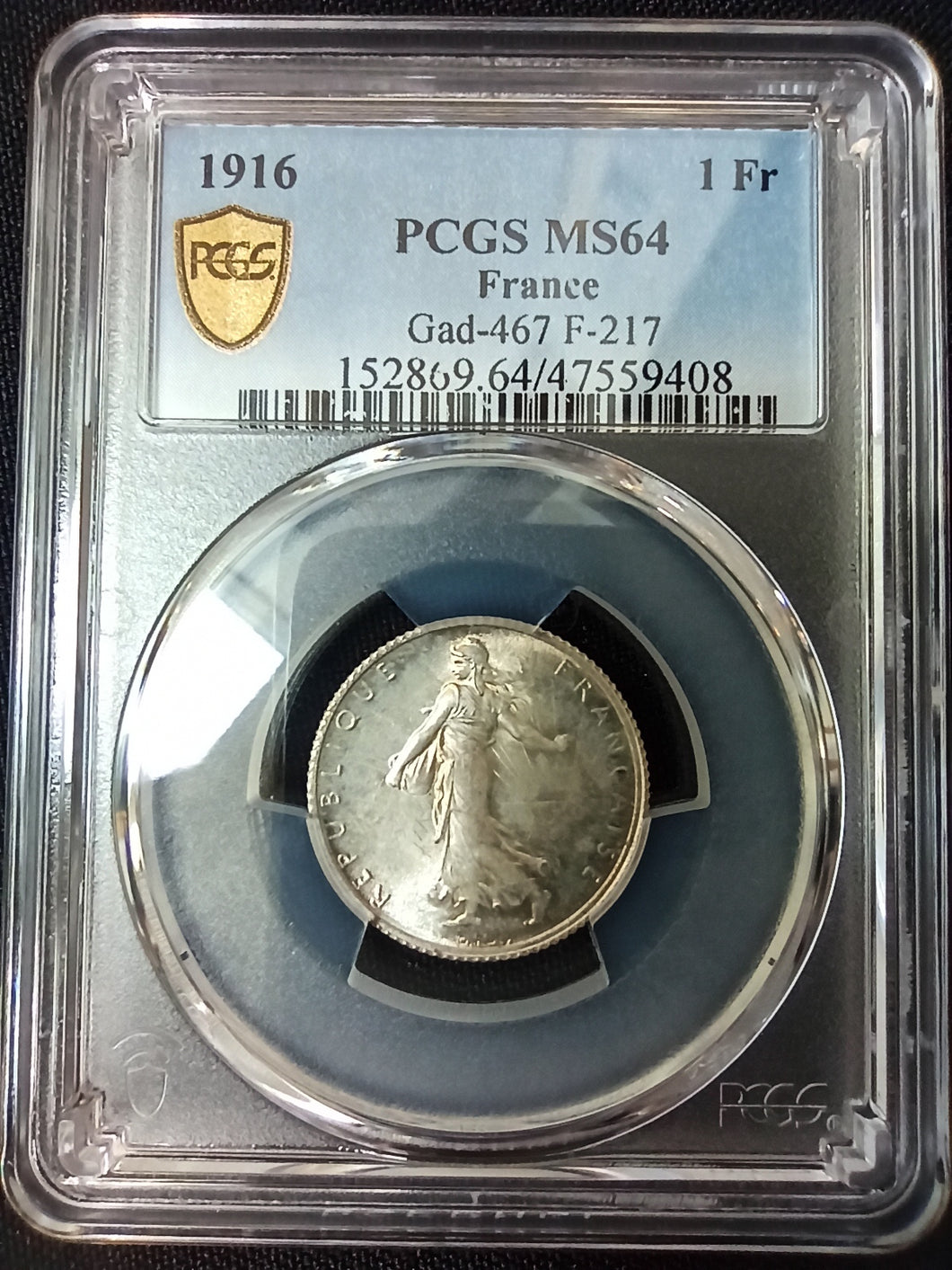 France : 1 Franc Semeuse 1916 ; PCGS : MS 64