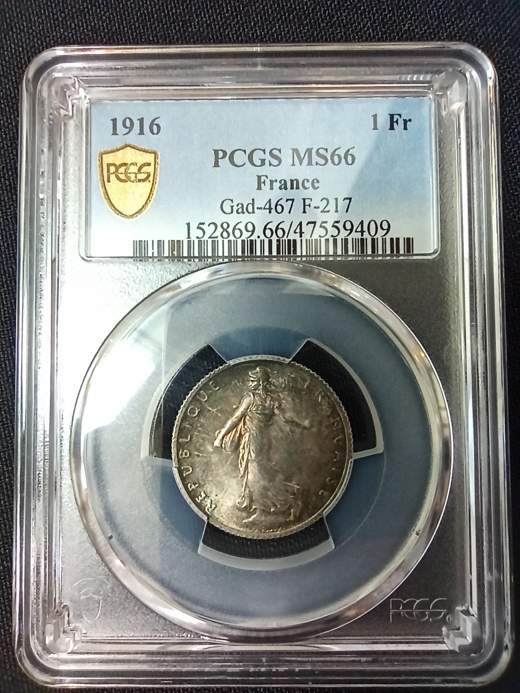 France : 1 Franc Semeuse 1916 ; PCGS : MS 66