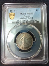 Charger l&#39;image dans la galerie, France : 1 Franc Semeuse 1917 ; PCGS : MS 63
