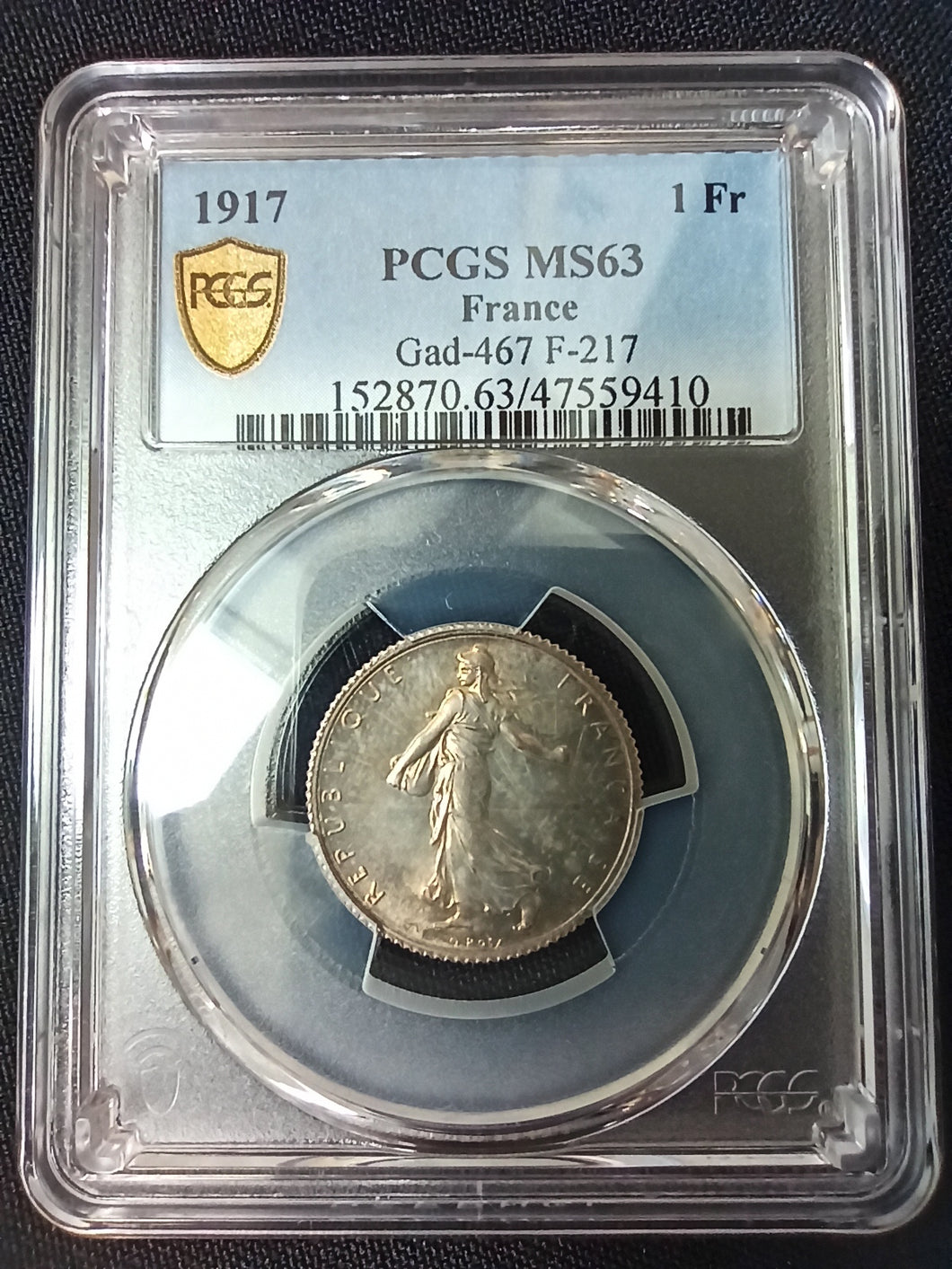 France : 1 Franc Semeuse 1917 ; PCGS : MS 63
