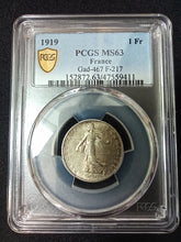 Charger l&#39;image dans la galerie, France : 1 Franc Semeuse 1919 ; PCGS : MS 63
