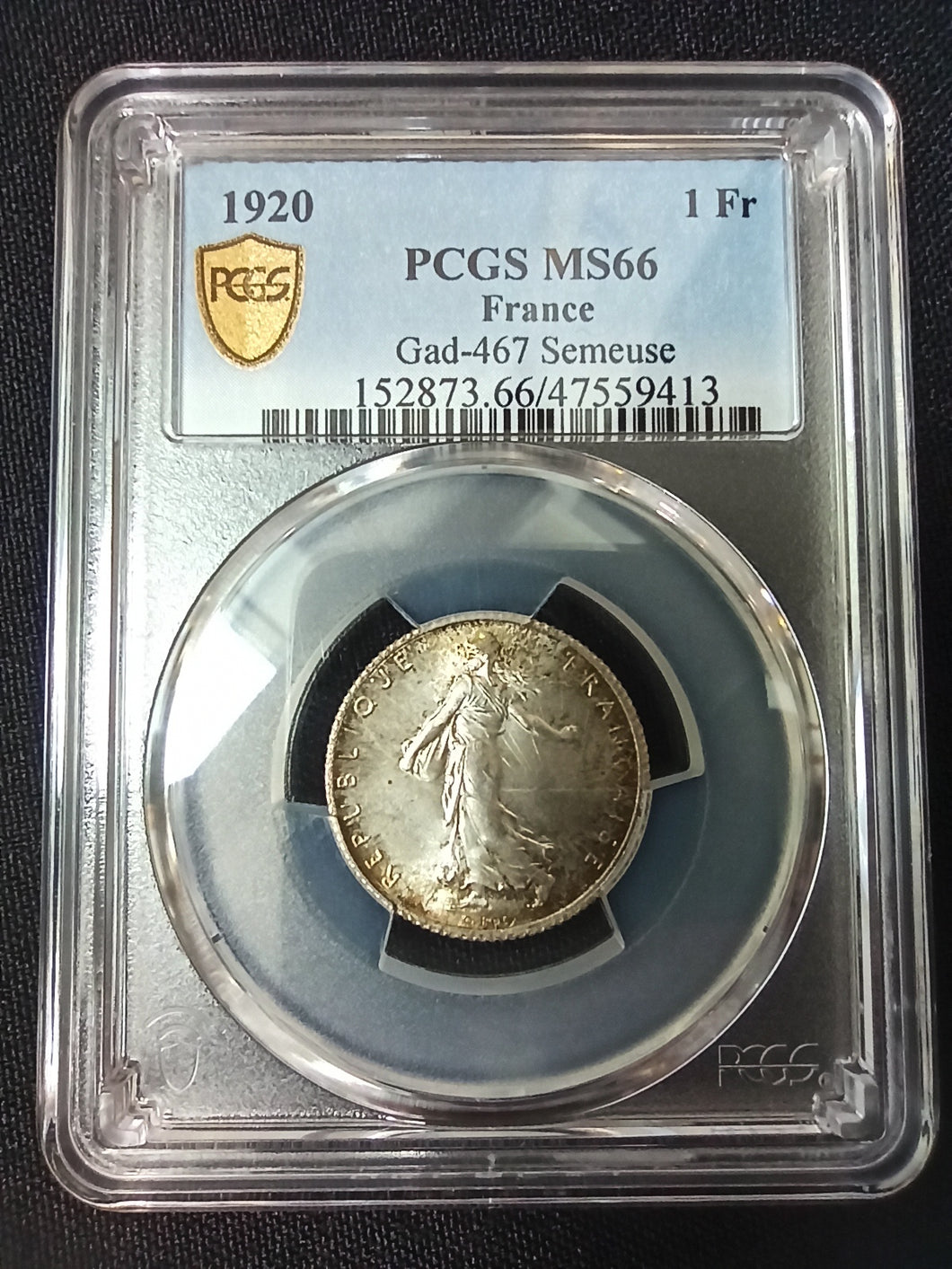 France : 1 Franc Semeuse 1920 ; PCGS : MS 66