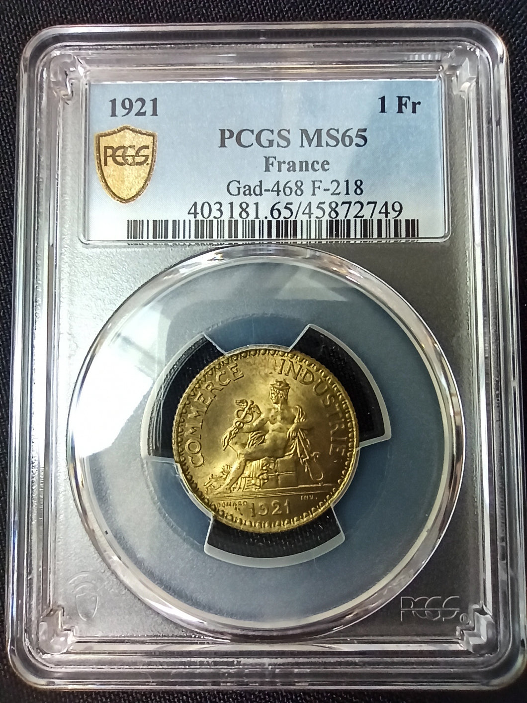 France : 1 Franc Semeuse 1921 ; PCGS : MS 65
