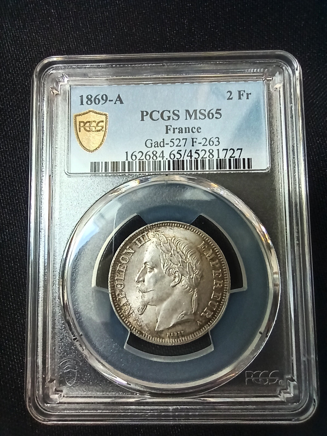 2 Francs Napoleon III Tête Laurée 1869 A ; PCGS : MS 65