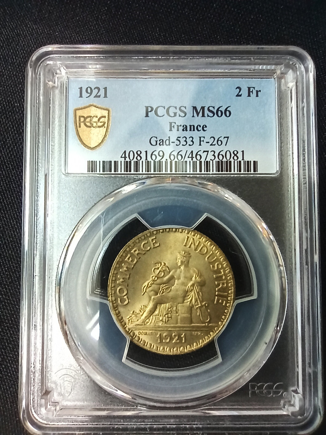 France : 2 Francs Commerce 1921 ; PCGS : MS 66