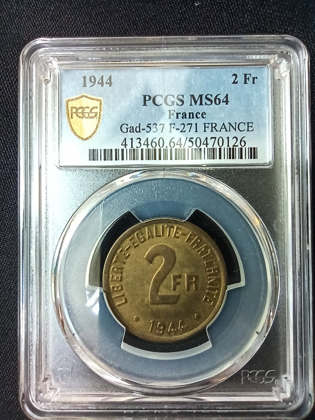 France : 2 Francs France 1944 Philadelphia ; PCGS : MS 64