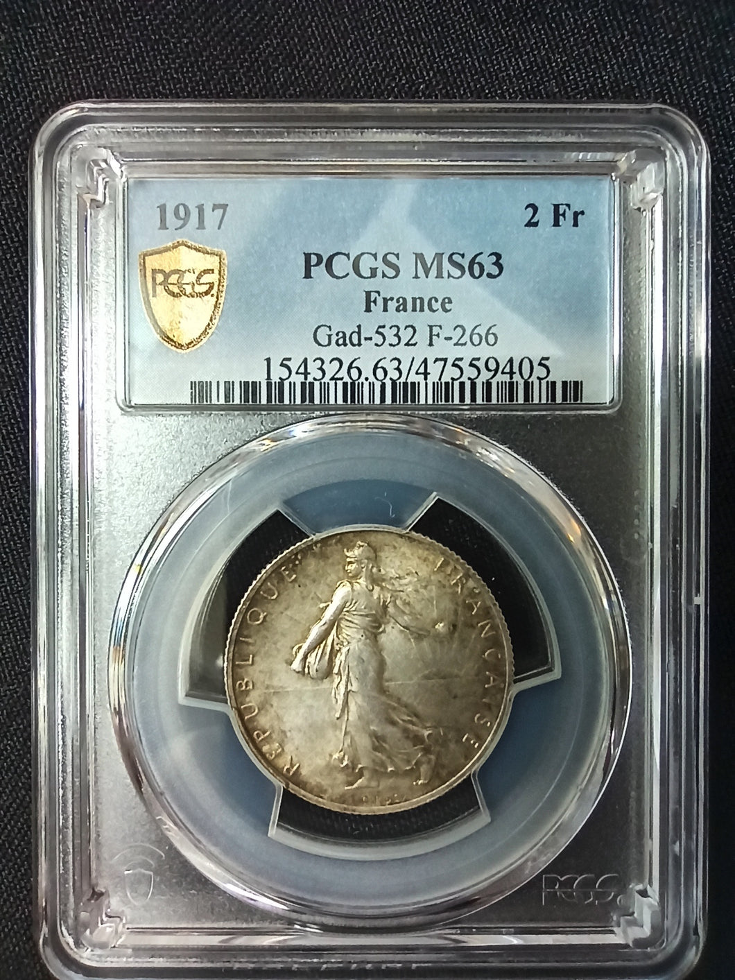 France : 2 Francs Semeuse 1917 ; PCGS : MS 63