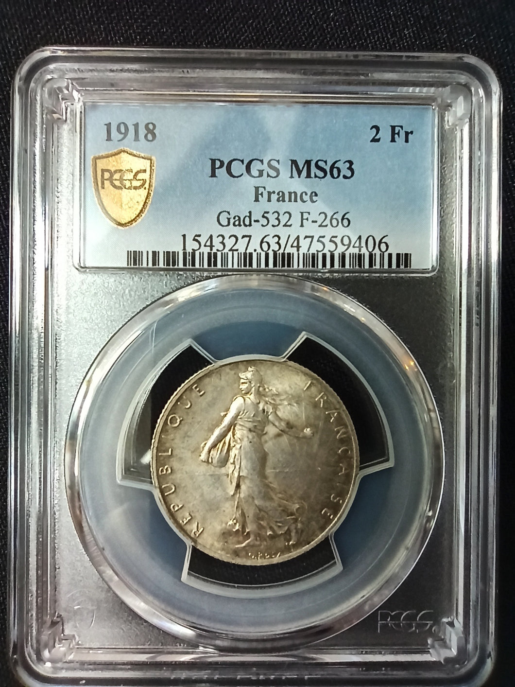 France : 2 Francs Semeuse 1918 ; PCGS : MS 63
