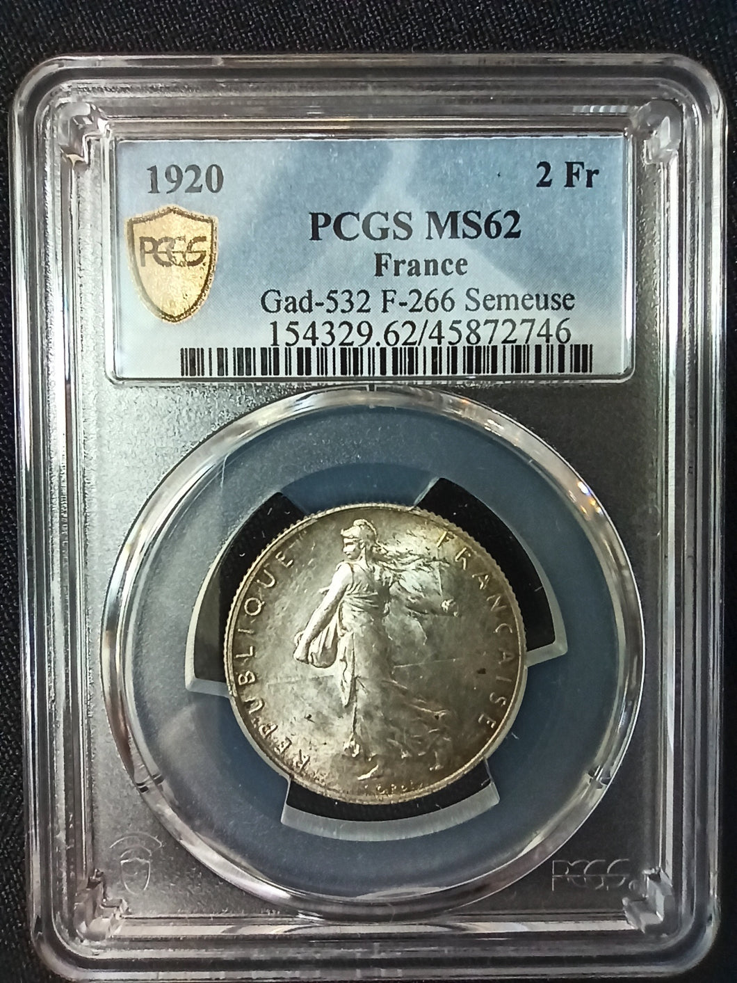 France : 2 Francs Semeuse 1920 ; PCGS : MS 62
