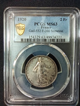 Charger l&#39;image dans la galerie, France : 2 Francs Semeuse 1920 ; PCGS : MS 63
