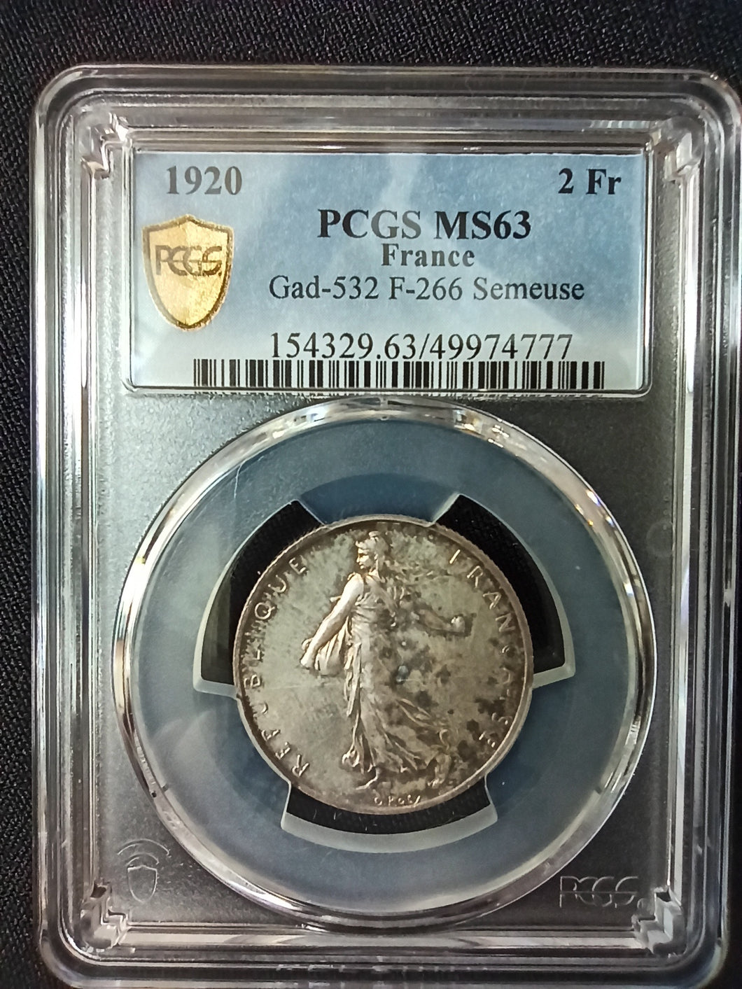 France : 2 Francs Semeuse 1920 ; PCGS : MS 63