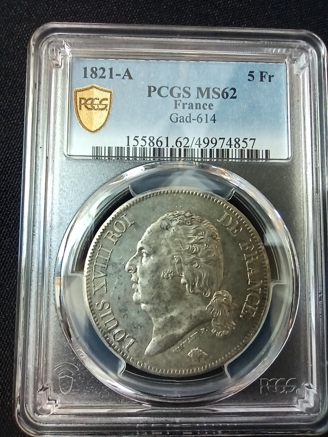5 Francs Louis XVIII 1821 A ; PCGS : MS 62
