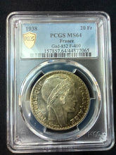 Charger l&#39;image dans la galerie, France : 20 Francs Silver Turin 1938 ; PCGS : MS 64
