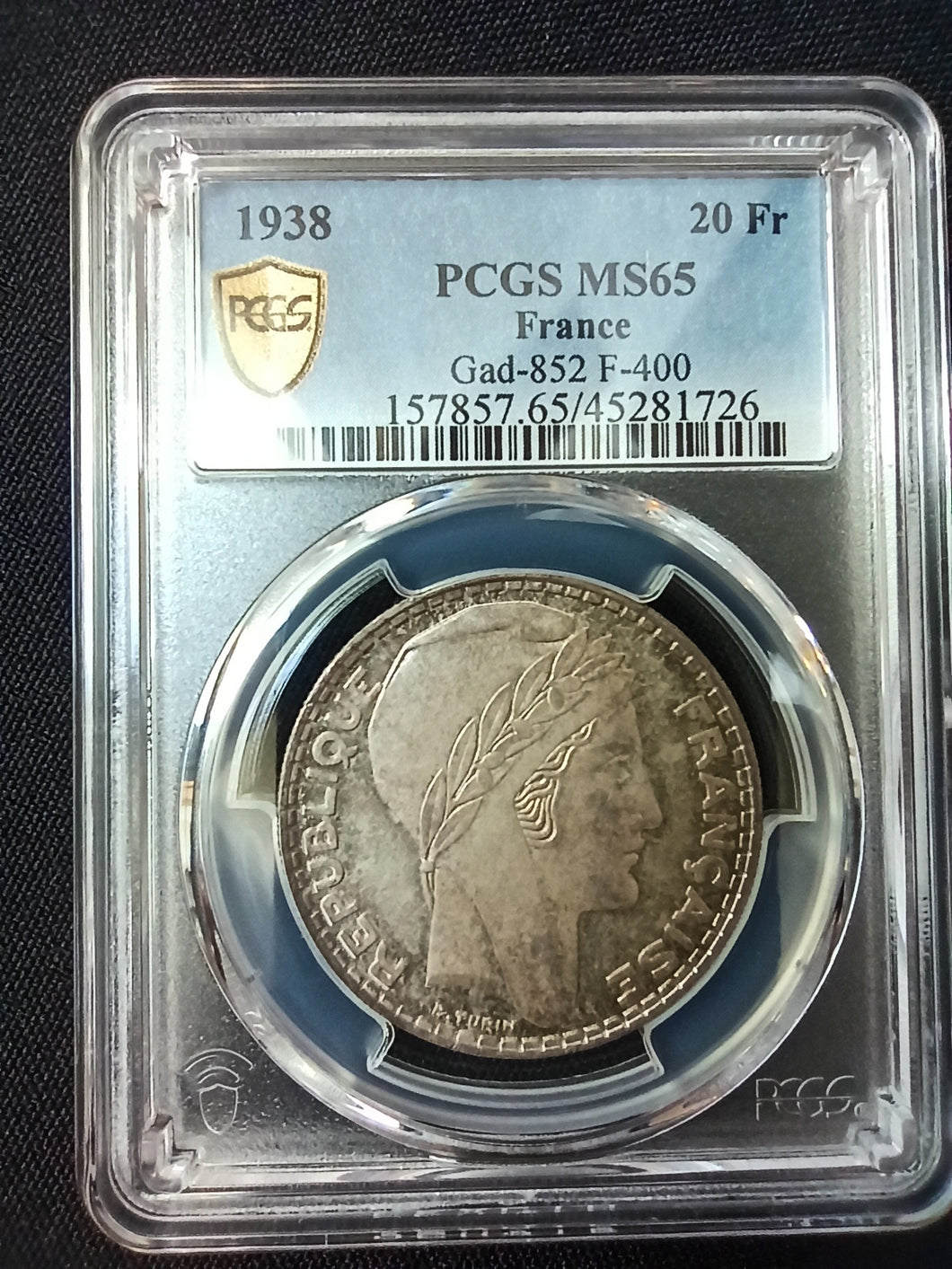 France : 20 Francs Silver Turin 1938 ; PCGS : MS 65