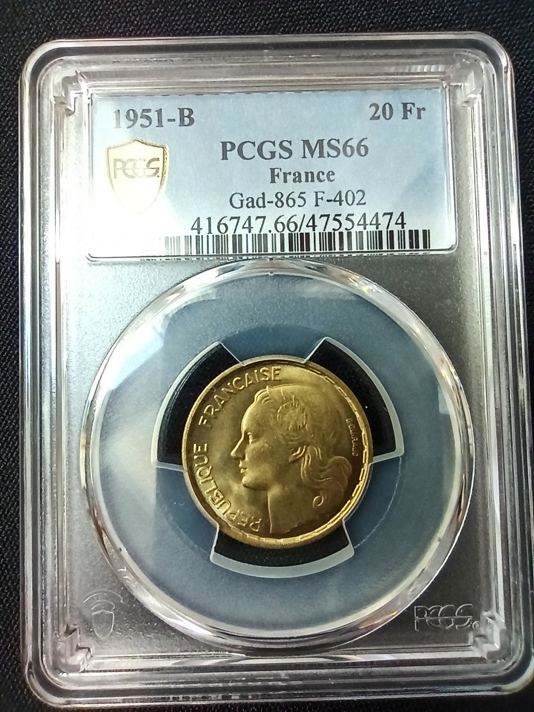 France : 20 Francs Guiraud 1951 B ; PCGS : MS 66