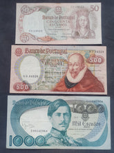 Charger l'image dans la galerie, Portugal : Lot de 3 Billets :  50 / 500 et 1000 Escudos (Ref 3591)
