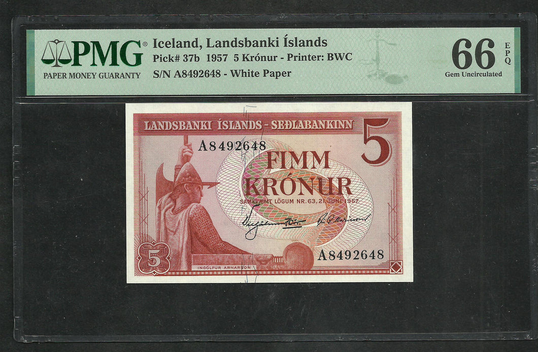 Iceland : 5 Kronur 1957 ; PMG : Gem UNC 66 (Ref 2341)