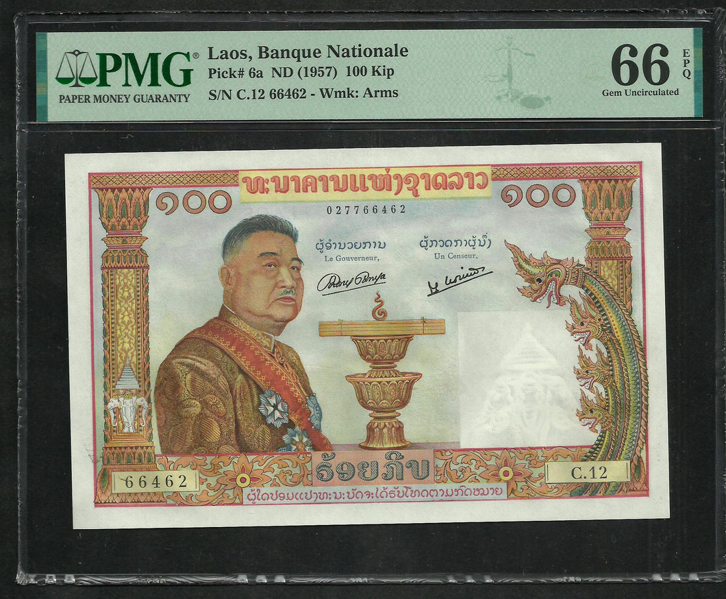 Laos : 100 Kip 1957 ; PMG : Gem UNC 66 ; EPQ (Ref 1902)