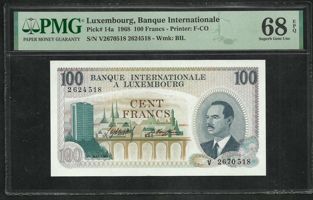 Luxembourg : 100 Francs 1968 ; PMG : Superb Gem UNC 68 (Ref 2337)