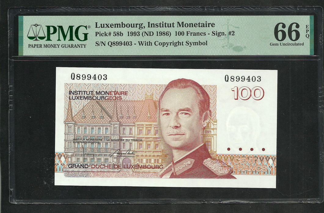 Luxembourg : 100 Francs 1993 ; PMG : Gem UNC 66 ; EPQ (Ref 1885)