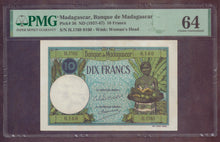 Charger l'image dans la galerie, Madagascar : 10 Francs 1937-47 ; Pick 36 ; PMG : Choice UNC 64 (Ref 4115)
