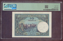 Charger l'image dans la galerie, Madagascar : 10 Francs 1937-47 ; Pick 36 ; PMG : Choice UNC 64 (Ref 4115)

