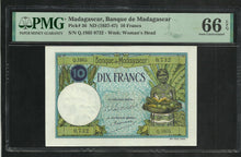 Charger l&#39;image dans la galerie, Madagascar : 10 Francs 1937-47 ; PMG : Gem UNC 66 ; EPQ (Ref 172)
