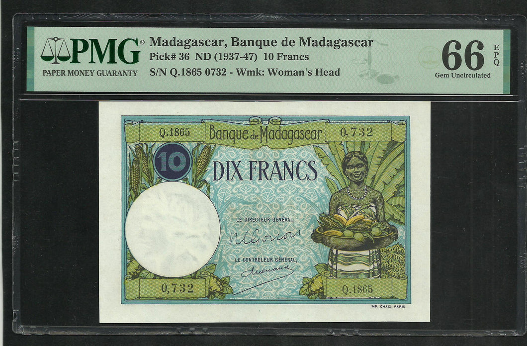 Madagascar : 10 Francs 1937-47 ; PMG : Gem UNC 66 ; EPQ (Ref 172)